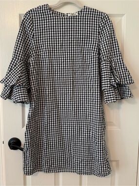 beachlunchlounge Black & White Gingham Midi Dress Ruffle Sleeves church holiday